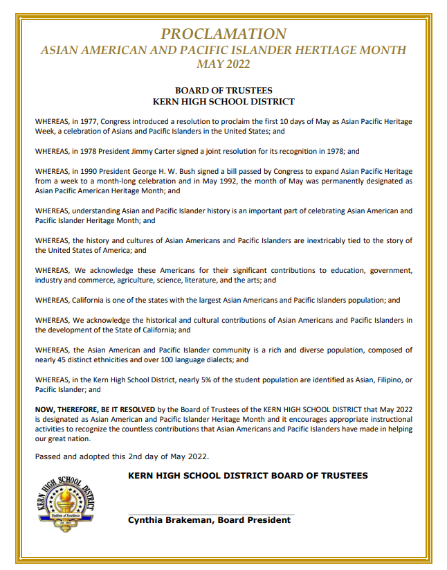Asian American and Pacific Islander Heritage Month KHSD Proclamation
